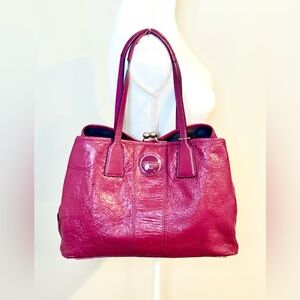 Coach Purple Patent Leather Signature Monogrammed Kiss lock Shoulder Bag